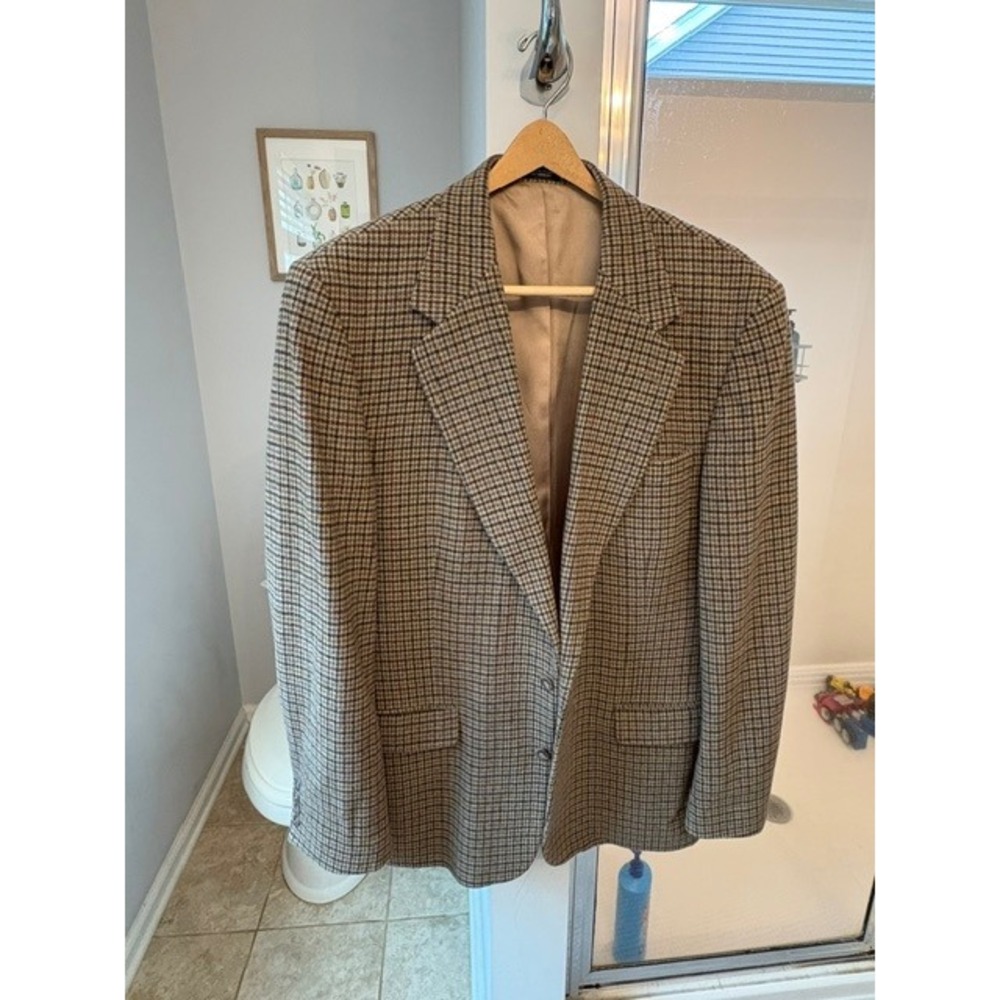 Robert Stock Men's Wool Houndstooth Sport‎ Coat Blazer Brown Tan Classic Tweed